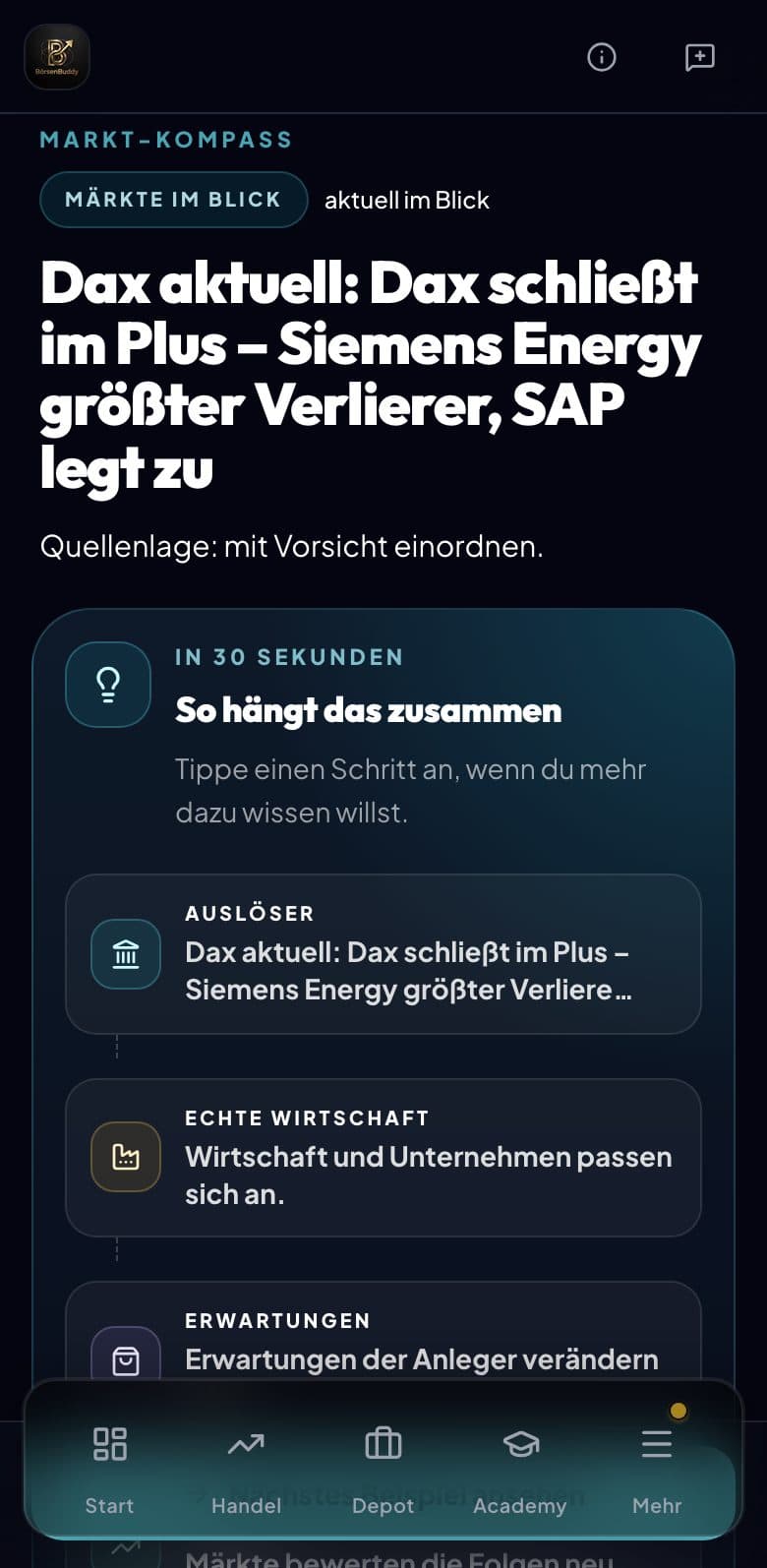 Markt-Kompass auf dem Smartphone: eine aktuelle Börsenmeldung mit dem Hinweis „Quellenlage: mit Vorsicht einordnen“ und der Wirkungskette Auslöser, echte Wirtschaft, Erwartungen