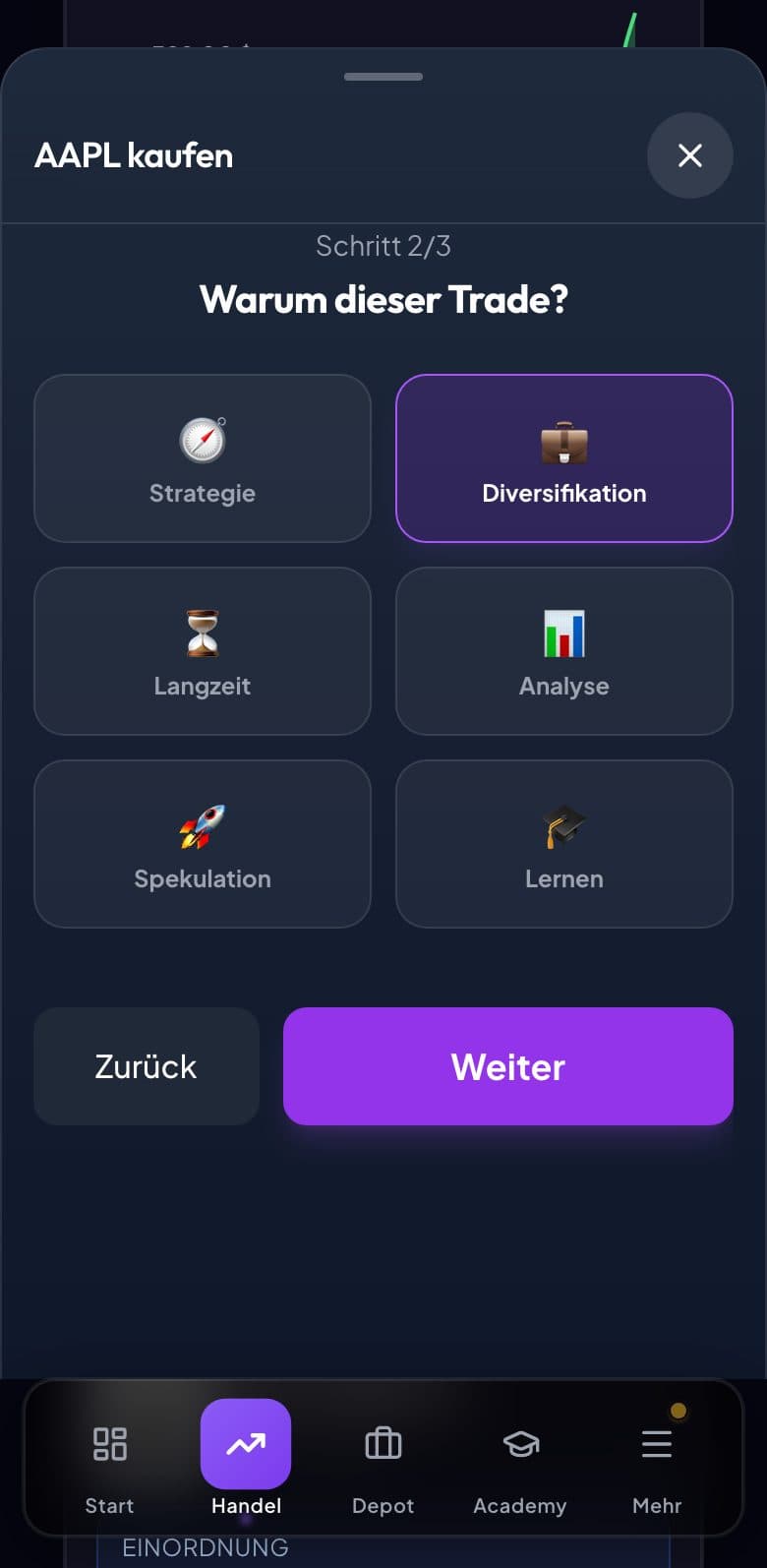 Kaufdialog auf dem Smartphone: Vor der Entscheidung wird mit „Warum dieser Trade?“ nach dem Kaufgrund gefragt